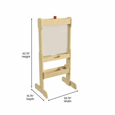 Flash Furniture Bright Beginnings Commercial Double Sided Wooden Free-Standing STEAM Easel, Storage Tray, Acrylic Paint Window - Holds Two Accessory Panels, Natural MK-ME03669-GG